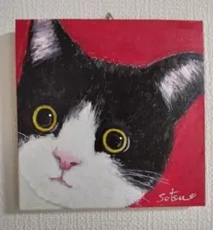 ハチワレ猫 手描きキャンバスアート原画（15㎝×15㎝×1㎝)