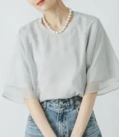 【GLOBAL WORK】シフォンドッキング７分袖　M ライトグレー