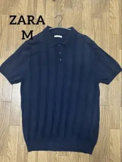 【ZARA】テクスチャーリブニットポロ　ネイビー半袖　Mサイズのサムネイル