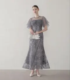 【LEJA】フラワースパンコールチュールフレアスリーブマーメイドワンピースドレス