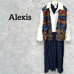 Alexis ワンピース ネイビー ベスト風 肩パッド付き おしゃれ 古着