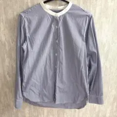 無印良品　洗いざらしブロードスタンドカラーシャツ ネイビーストライプ L