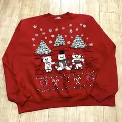 Hanes ヘインズ 赤 クリスマス 裏起毛 トレーナー クマ柄 XL 海外古着