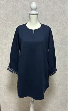 ネイビー 長袖 トップス チェック柄 袖口