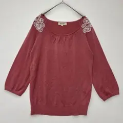 SOUP スープ　ニット 七分袖 ピンク 花柄刺繍 ビジュー　トップス　M