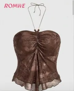 ROMWE バストプリーツ付きペイズリープリントホルターネックトップ