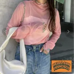 ハローサンフランシスコ 配色メローシアーネットタートル 長袖トップス　ピンク