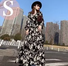 レディースワンピース ロング 長袖 カシュクール 花柄 黒 S