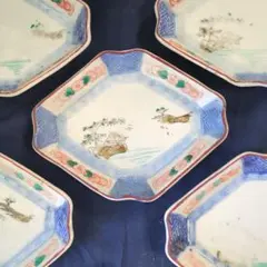 2238様感謝‼️夏の古伊万里錦手 赤絵金彩鶴亀唐子吉祥図長皿ラスト1客
