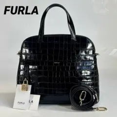 極美品 FURLA パイパー 2WAY クロコ型押し ショルダー ハンドバッグ