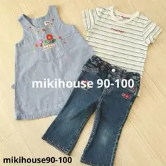 【ミキハウス3点】100ワンピース＆100Tシャツ＆90ジーンズ花柄お買い得美品