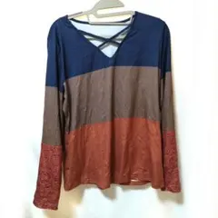 ネイビー・ブラウン・オレンジ ストライプ 長袖Tシャツ XL