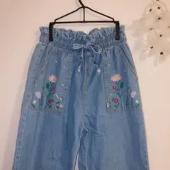 【美品】花柄ワイドデニムパンツ バギー 韓国 フラワーペイント ゆったり