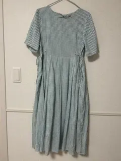 flower 水色チェック 半袖ワンピース