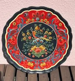 イタリア製　民芸品　木製　絵皿　ロンギ社ビンテージの可愛いブルー手書き丸トレイ！ イタリア製 民芸品 木製 絵皿 ロンギ社ビンテージの可愛い赤色手書きの
