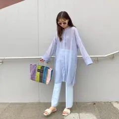 GU タグ付き新品未使用　ライトブルー シアーバンドカラー　ロングシャツ L