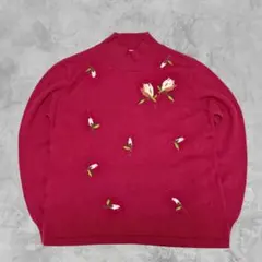 昭和レトロ✨花柄刺繍 ビーズ装飾 ニットトップス ワインレッド ヴィンテージ