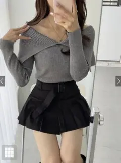 ビッグカラーオフショルダーニットトップス 〔dr616〕　グレー