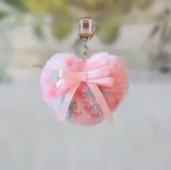 【ハンドメイド】リボンハートのポンポンチャーム　キーホルダー　ストラップ