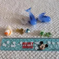 ガラス製 海の動物とフクロウフィギュア7体と石製かも の8体セット