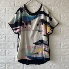 ZARA マルチカラー アート柄 半袖Tシャツ ブラックベース S ゆったり