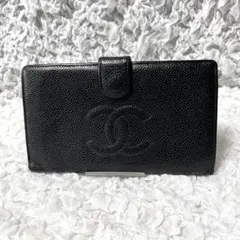 キャビアスキン　がま口　CHANEL レザー 長財布　フラップ　二つ折り　ココ