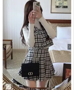 ツイードチェックベスト×プリーツスカートセットアップ