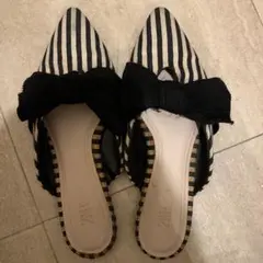 値下げ)ZARA ザラ　ストライプ リボン付きミュール 23.0〜23.5センチ