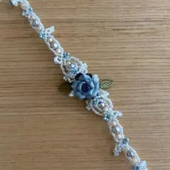 ビーズブレスレット　ハンドメイド　バラ　青　ブルー　アンティーク