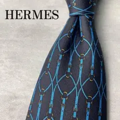 美品 HERMES エルメス ベルト柄 ループ 謎柄 ネクタイ ブラック ブルー