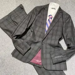美品 お兄系 スーツ セットアップ スリム チェック ブラック 裏地 ボルドー