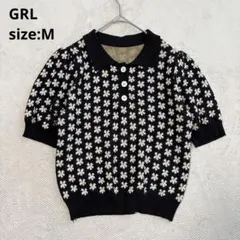 【GRL グレイル】（M）パフスリーブ半袖ニット 花柄 ハーフボタン ブラック
