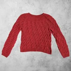 透かし編み 半袖ニット レッド ケーブル編み M