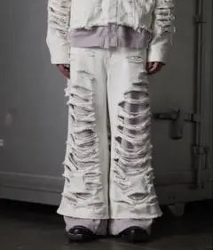 GRANCY スウェットドッキングデザインダメージバギーデニムパンツ　ホワイト