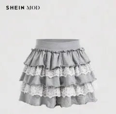 【SHEIN】31851003 グレー レース付きフリルミニスカート