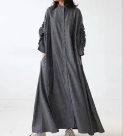 アンティカ シャツワンピース 7分袖 フリル袖 グレー ストライプ