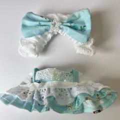 10cm〜12cm ぬい服 メイド服 エプロンドレス 水色 レトロ花柄 汎用