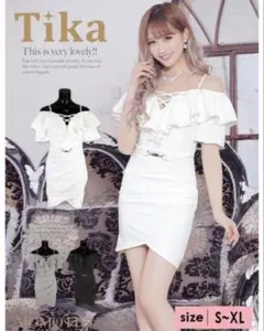 Tika フリルオフショルダー タイトミニドレス S パット付