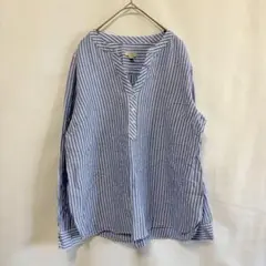 ★タルボット ストライプ柄 スキッパーシャツ 長袖 M 麻混 ブラウス　ブルーのサムネイル