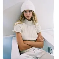 Zara シェニール　リブ編み　ハイネック　半袖ニット トップス　フリル