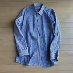 青と白のストライプ ギンガムチェックボタンダウンシャツ XL