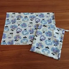 給食袋　＆　ナフキン　セット　北欧風　フラワー　水色　ハンドメイド