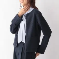 【美品】GLOBAL WORK ツイード ノーカラージャケット ネイビー M