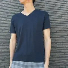 バトナー リネン100％ VネックTシャツ 半袖 無地 ネイビー 1｜夏 日本製のサムネイル