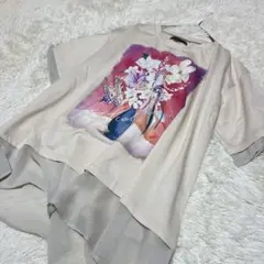 iSScolar 花柄 蝶々 プリント Tシャツ 異素材切替　大きいサイズ　美品のサムネイル