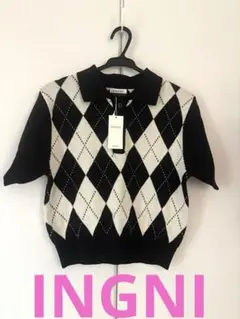 新品未使用品タグ付き　INGNI アーガイル柄 半袖ニット M 黒/白