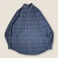 【チェック】90s〜 LANDS'END 猫目ボタン BDシャツ 青系 Lのサムネイル