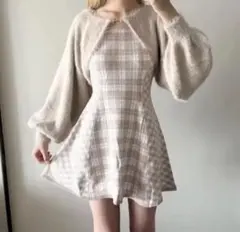 フェザーチェックアンサンブルワンピース ベージュ フレア