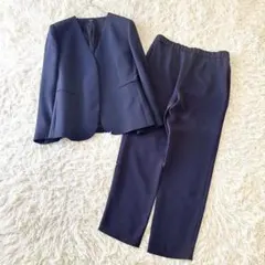 大きめサイズ4✨セオリー ノーカラー パンツスーツ セットアップ ネイビー