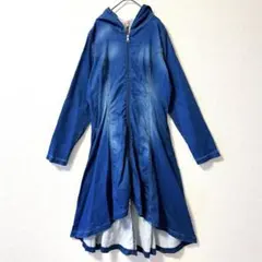 デニム風 フード付きワンピース S ダブルジップ 前後差 ロング丈